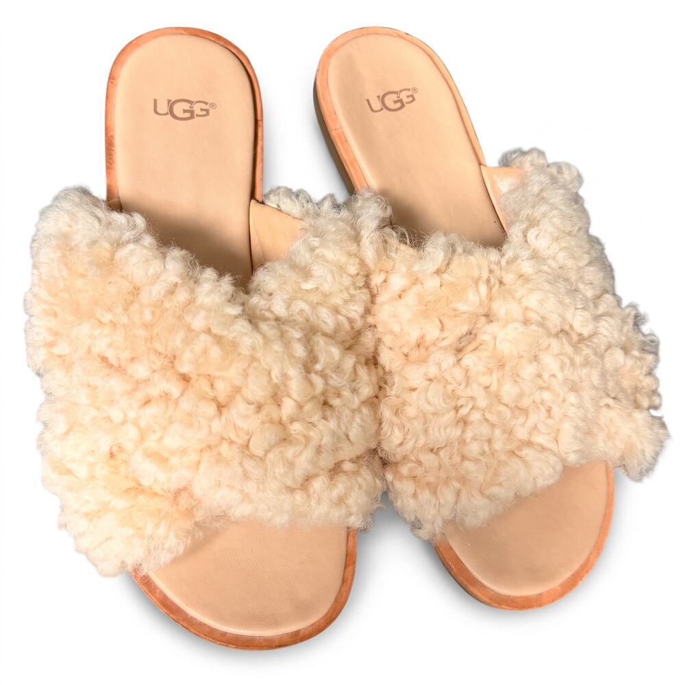UGG Joni Furry Slide Sandals Genuine Shearling Leather Cream US 7.5 Womens